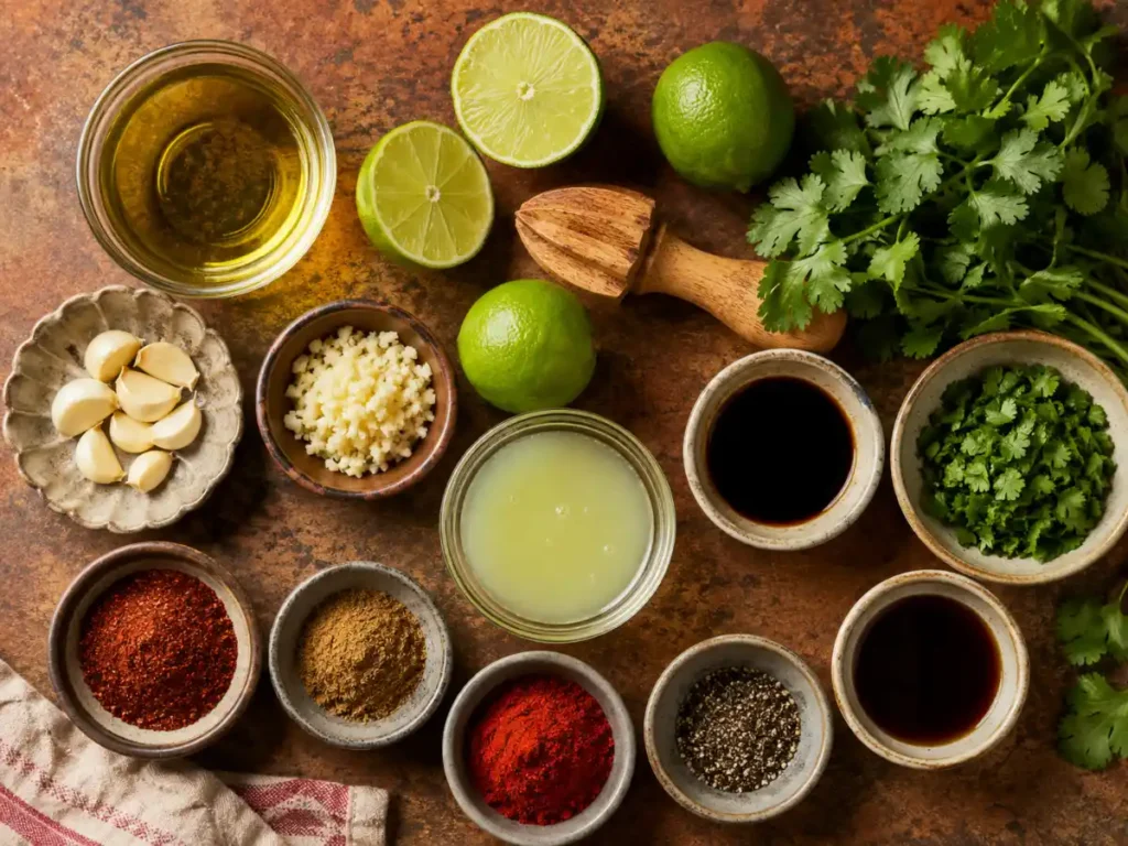 Ingredients for chicken fajita marinade including lime, oil, garlic and spices