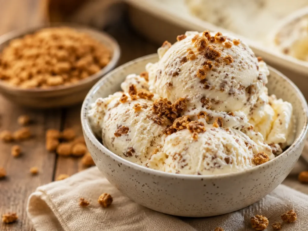 Jamaican grape nut ice cream served in a bowl with toasted Grape-Nuts cereal, a creamy grape nut ice cream recipe for an easy homemade dessert