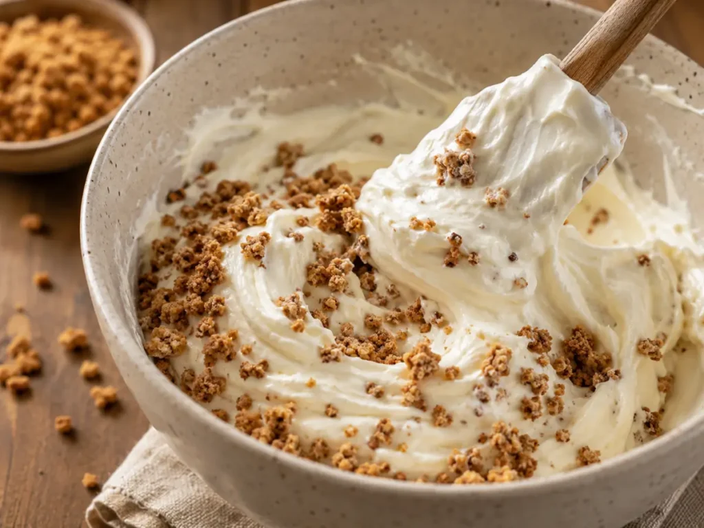 Mixing the creamy base and Grape-Nuts cereal for Jamaican grape nut ice cream, showing an easy grape nut ice cream recipe step