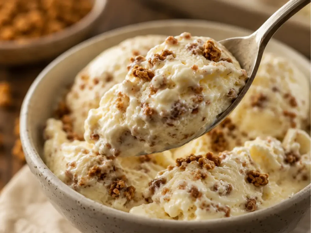 A spoonful of Jamaican grape nut ice cream with creamy texture and toasted cereal pieces, a rich and homemade grape nut ice cream dessert