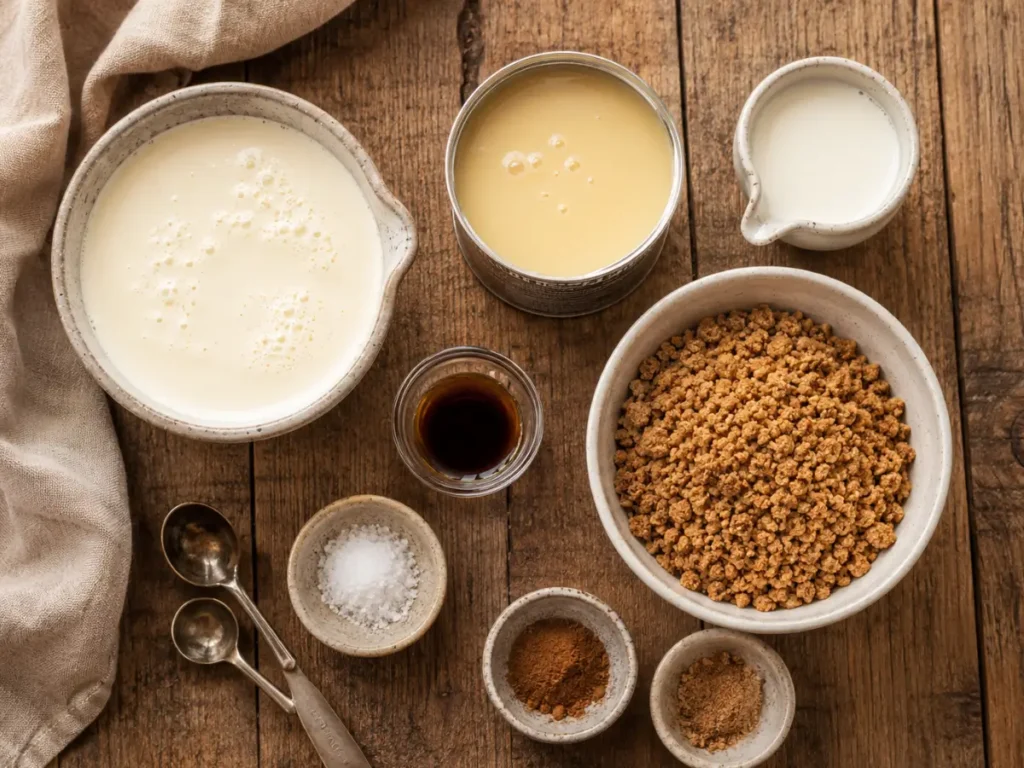 Ingredients for Jamaican grape nut ice cream including heavy cream, condensed milk, vanilla, and Grape-Nuts cereal for a no churn grape nut ice cream