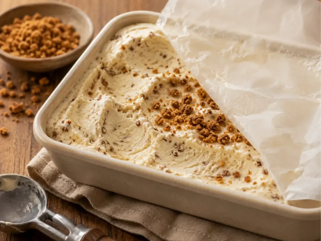 Jamaican grape nut ice cream stored in a freezer-safe container, showing how to keep no churn grape nut ice cream creamy and fresh
