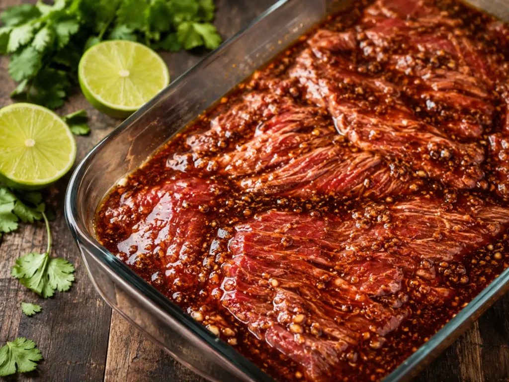 Steak strips marinating in a zesty lime and spice steak fajita marinade