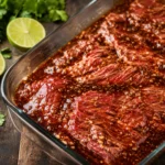Steak strips marinating in a zesty lime and spice steak fajita marinade