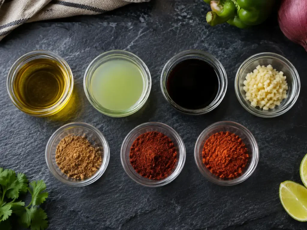 he components of a steak fajita marinade — oil, lime juice, soy sauce and spices in separate jars