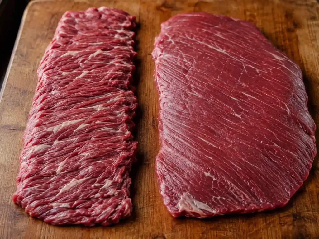 Skirt steak and flank steak side by side showing the difference in grain