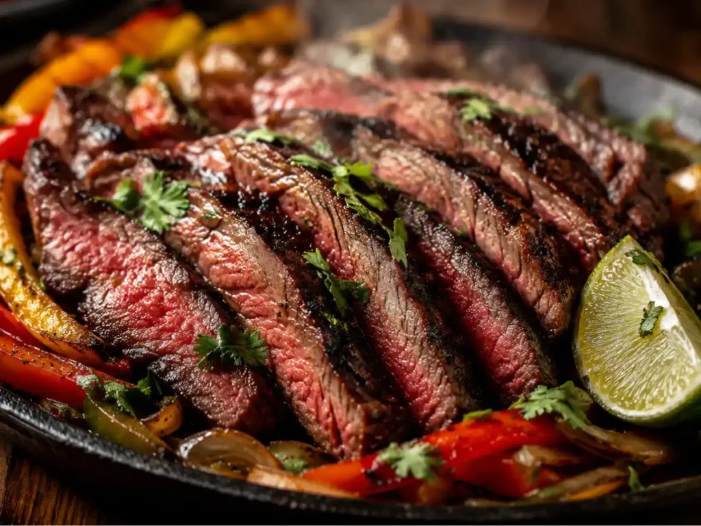 Grilled marinated steak fajita strips sliced and served with peppers
