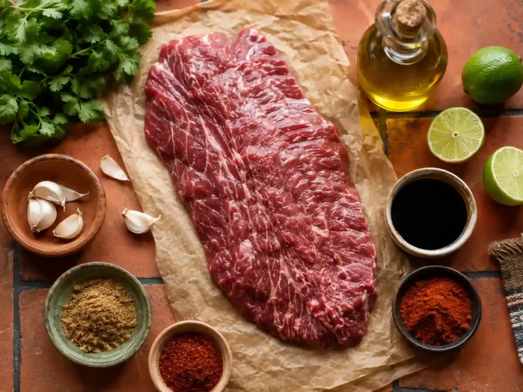  Ingredients for steak fajita marinade including lime, oil, soy sauce, garlic and spices 