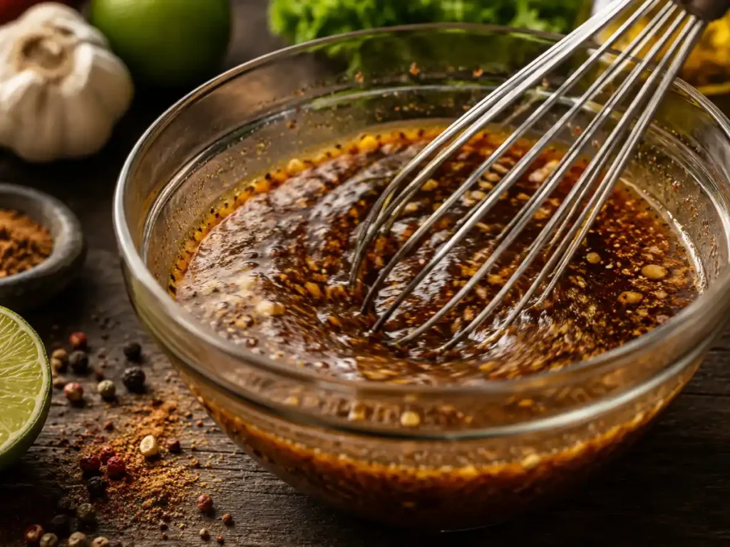 Whisking together a steak fajita marinade in a glass bowl