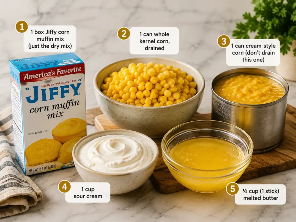 Corn casserole ingredients including Jiffy corn muffin mix, drained whole kernel corn, cream-style corn, sour cream, and melted butter.