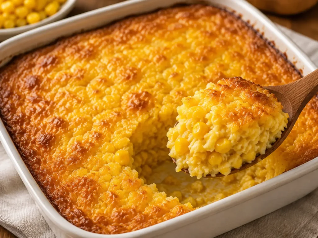 Easy homemade corn casserole with a golden-brown crust and creamy corn-filled center, served warm from a baking dish.