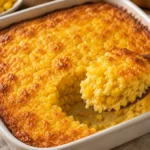 Easy homemade corn casserole with a golden-brown crust and creamy corn-filled center, served warm from a baking dish.