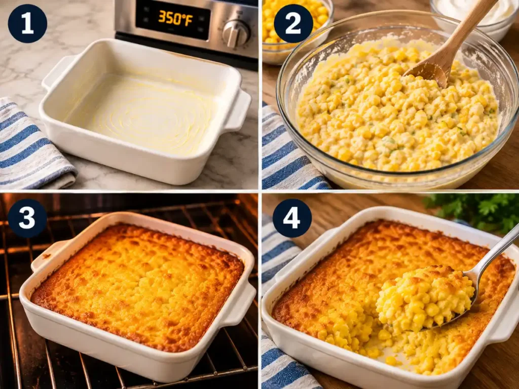 Four-step process showing how to make corn casserole, from preparing the baking dish and mixing ingredients to baking until golden and serving creamy corn casserole.