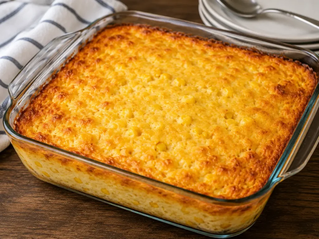 Golden cornbread casserole baked in a glass dish with a moist, creamy center and crisp browned edges.