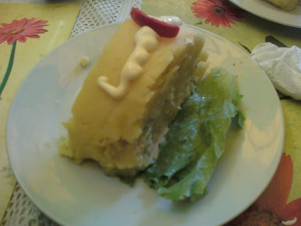 Causa de pollo, layered Peruvian mashed potato with chicken filling
