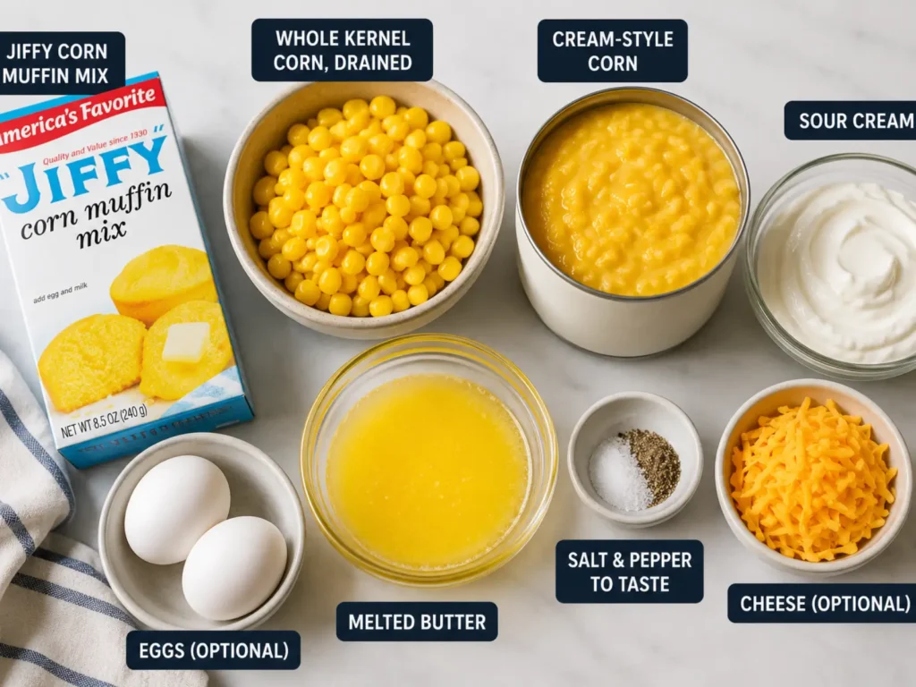 Cornbread casserole ingredients including Jiffy corn muffin mix, whole kernel corn, creamed corn, sour cream, melted butter, and optional eggs and cheese.