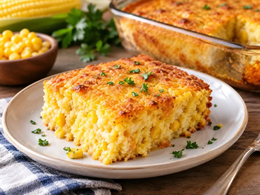 Best cornbread casserole recipe with golden, moist and creamy cornbread topped with fresh parsley.
