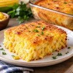 Best cornbread casserole recipe with golden, moist and creamy cornbread topped with fresh parsley.