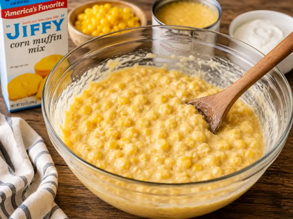 Mixing cornbread casserole batter with Jiffy corn muffin mix, creamed corn, whole corn, and sour cream in a glass bowl.